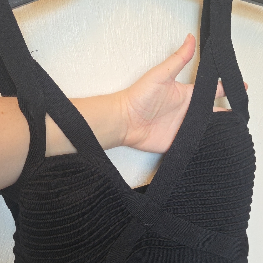 Bebe Black Ribbed V-Neck Bodycon Dress - Picture 2 of 8